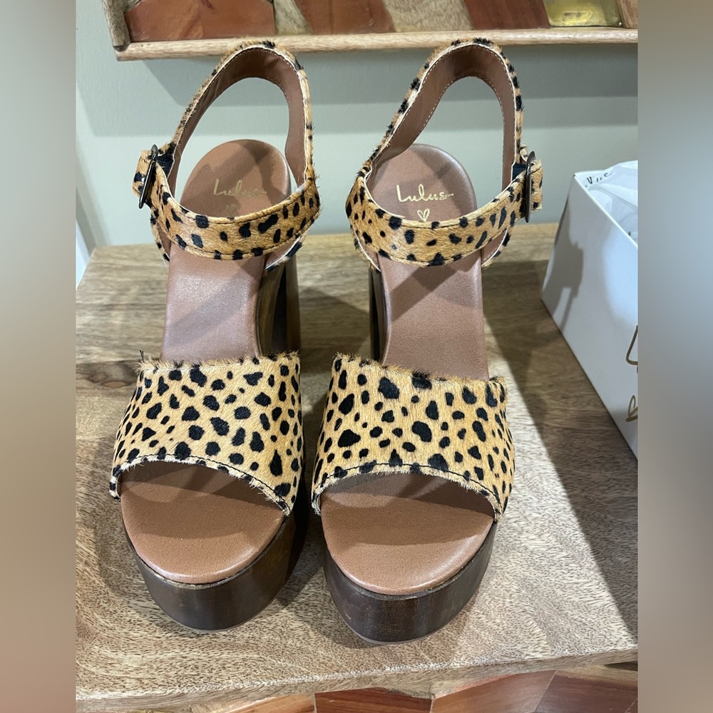 Lolita Leopard Calf Hair Wooden Platform Hills